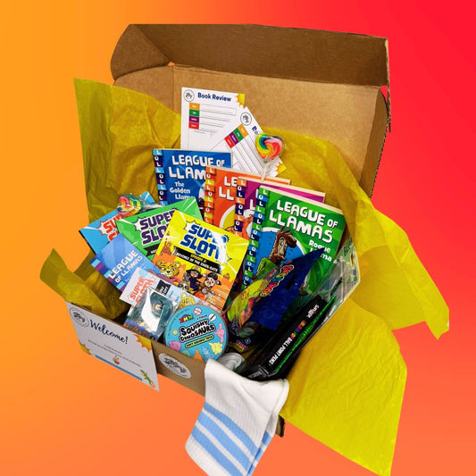 kids book box rib tickler box funny book series llamas and sloths gift inclusions