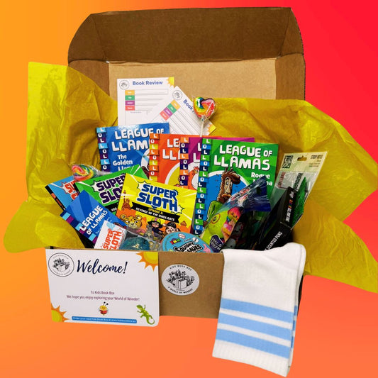 kids book box rib tickler box funny book series llamas and sloths gift inclusions