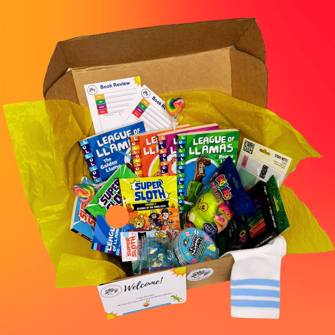 kids book box rib tickler box funny book series llamas and sloths gift inclusions