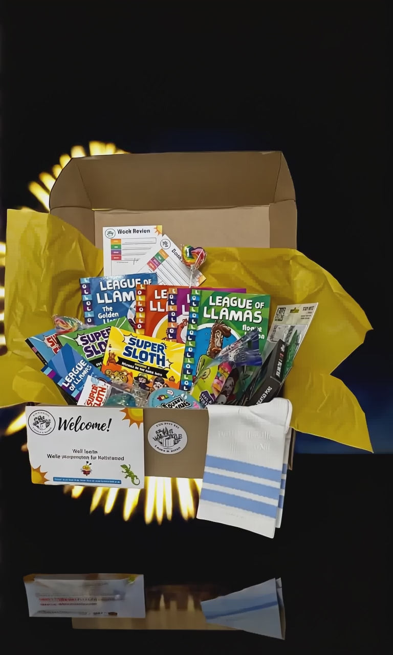 kids book box rib tickler box funny book series llamas and sloths gift inclusions video